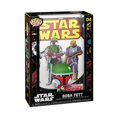 Caixa Pop! Star Wars com vinil da Boba Fett e texto em fundo preto.