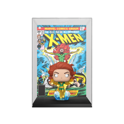 Figura Funko Pop de Jean Grey com capa de banda desenhada X-Men emoldurada atrás