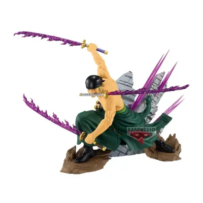 Figura colecionável de personagem com três espadas roxas e base de pedras.