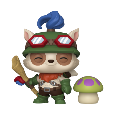 Figura Funko Pop de personagem com capacete verde e óculos vermelhos, segurando bastão, ao lado de cogumelo verde com manchas roxas.