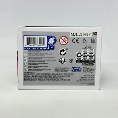 Embalagem branca de produto Funko com etiquetas e advertências em várias línguas.