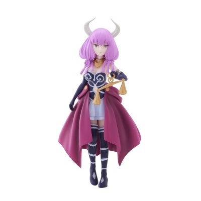 Figura boneca feminina com cabelo rosa e chifres, vestido preto e capa roxa segurando balança dourada