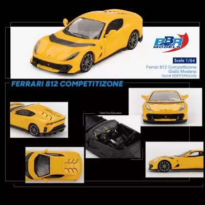 Miniatura de Ferrari 812 Competizione amarelo com detalhes a preto, vista de vários ângulos em fundo negro