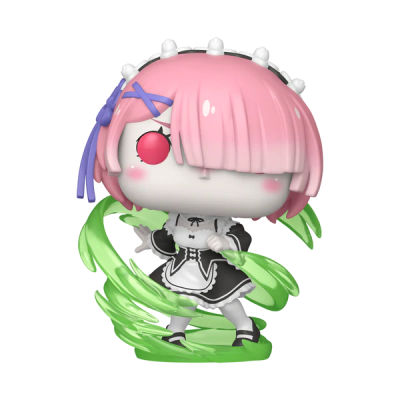 Figura colecionável Funko Pop de personagem com cabelo rosa e vestido de empregada preto e branco com efeitos verdes.