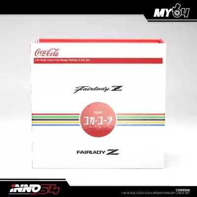 Caixa branca com texto e detalhes coloridos para conjunto de miniaturas Nissan Fairlady Z Coca-Cola 1:64