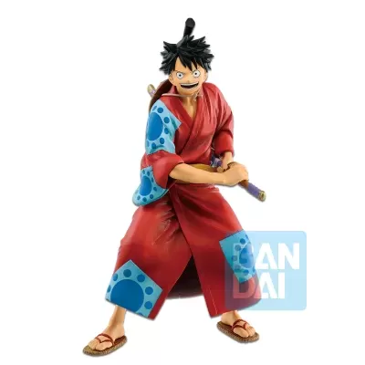 Figura de ação do personagem com quimono vermelho e azul e katana