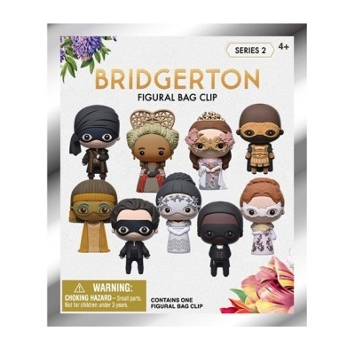 Embalagem branca com figuras miniatura de personagens Bridgerton Figural Bag Clip Série 2 para crianças 4+ decorada com flores coloridas
