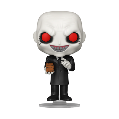 Figura Funko Pop com cara branca e olhos vermelhos, fato preto e cubo castanho na mão