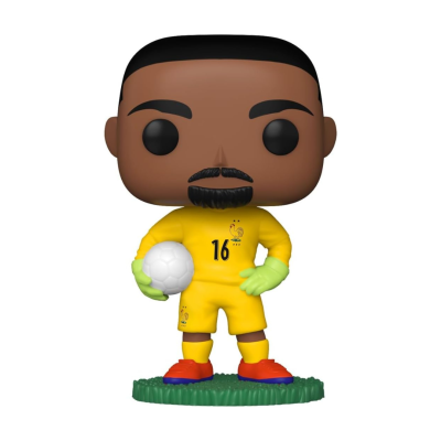 Figura colecionável estilo Funko Pop de guarda-redes de futebol amarelo com bola e base verde