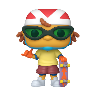 Figura de vinil de criança com capacete, óculos e skate