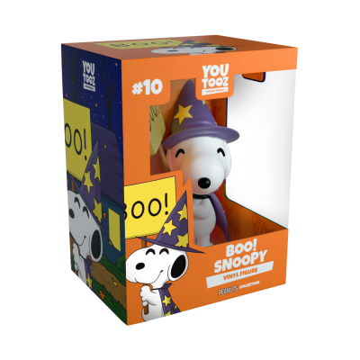 Figura de vinil Snoopy feiticeiro com caixa laranja e roxa