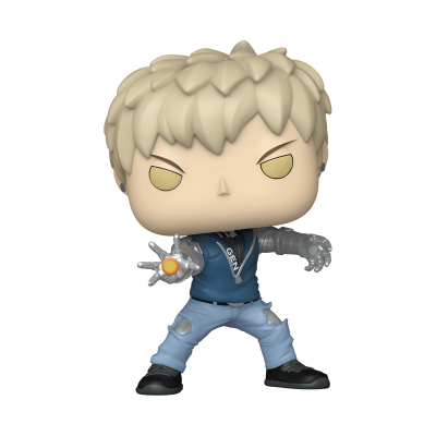 Figura Funko Pop com cabelo loiro, roupa azul e braços translúcidos com ponto laranja