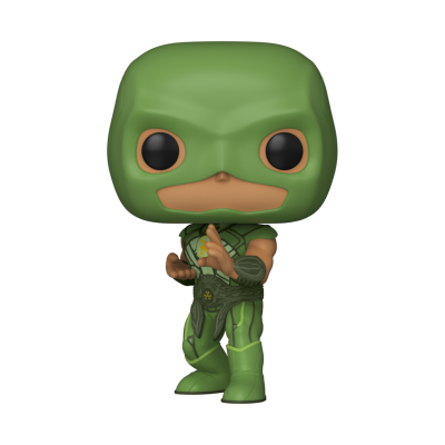Figura Funko Pop personagem de capacete verde e roupa verde detalhada