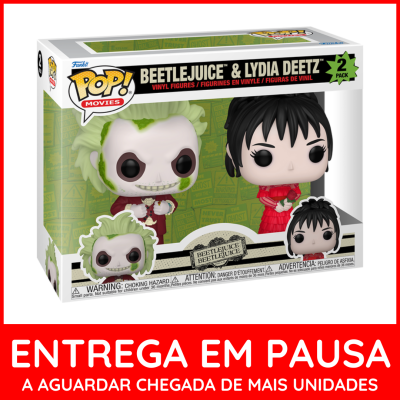 Caixa de figurines Pop! de Beetlejuice e Lydia Deetz com aviso de entrega em pausa.