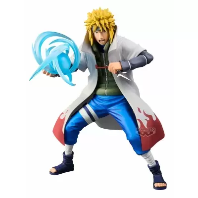 Figura de ação de personagem com casaco branco e padrão de chamas vermelhas segurando objeto azul