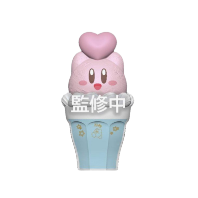 Estatueta de Kirby rosa com coração e base azul clara com decoração dourada