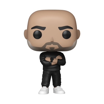 Figura Funko Pop de personagem com roupa preta, ténis brancos e barba cinzenta
