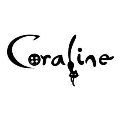 Logotipo da palavra Coraline com botão e gato estilizado