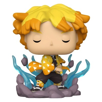 Figura Funko Pop de personagem com cabelo laranja e amarelo e kimono amarelo com padrão triangular