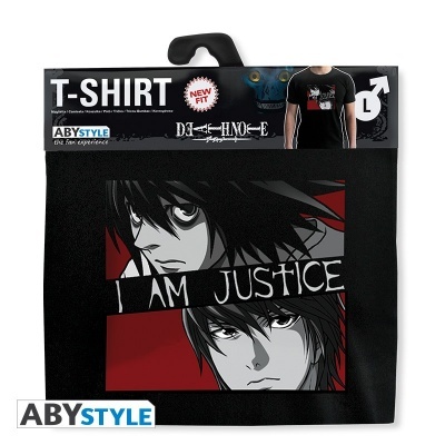 T-shirt preta Death Note com texto I AM JUSTICE na embalagem