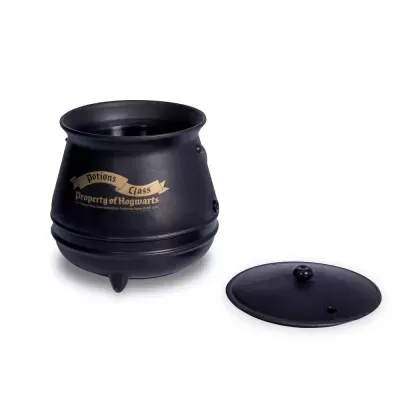 Caldeirão preto de metal com tampa e texto 'Potions Class Property of Hogwarts'.