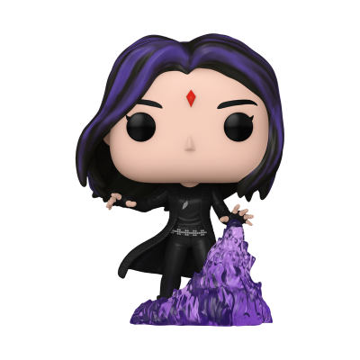 Figura Funko Pop personagem com cabelo castanho e riscas roxas, vestido preto e símbolo vermelho na testa segurando energia roxa