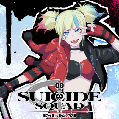 Ilustração anime de personagem Harley Quinn do Suicide Squad Isekai com roupas preto e vermelho e cabelo loiro