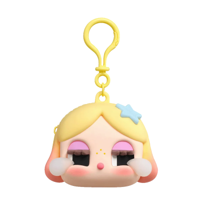 Chaveiro de silicone com rosto de personagem feminina e gancho amarelo
