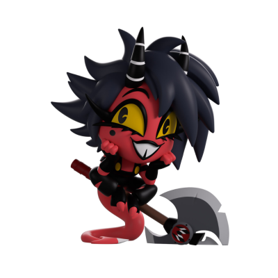 Figura colecionável de personagem demoníaco vermelho com cabelo preto e machado