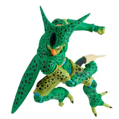 Figura de ação articulada do personagem Cell verde com manchas pretas em pose dinâmica