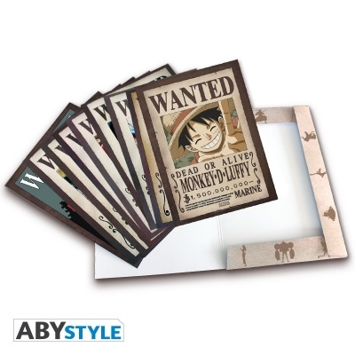 Conjunto de postais estilo 'WANTED' com personagem desenhado e texto 'MONKEY D. LUFFY'.