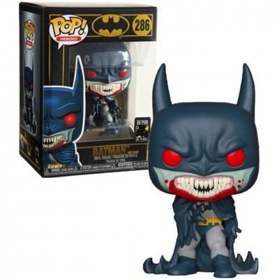 Figura Funko Pop! Batman 286 com olhos vermelhos e dentes afiados em embalagem preta e amarela