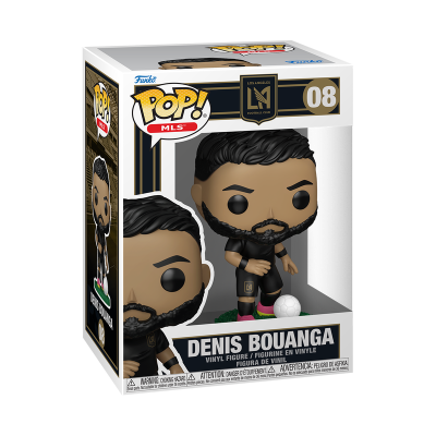 Funko Pop! Denis Bouanga, jogador de futebol do Los Angeles Football Club, com bola branca e caixa branca com detalhes dourados e pretos.