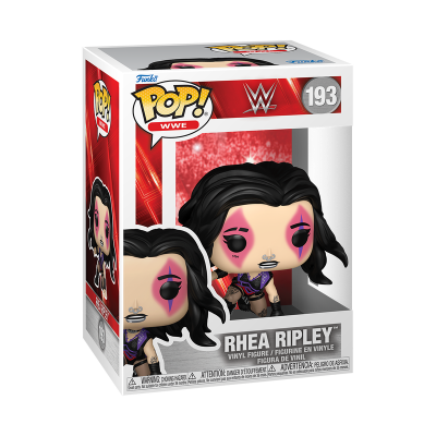 Caixa Funko Pop WWE com figura Rhea Ripley em vinil com cabelo preto e maquiagem roxa e rosa