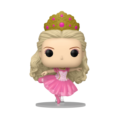 Boneca Funko Pop de bailarina com vestido rosa, cabelo loiro encaracolado e coroa dourada com detalhes rosa