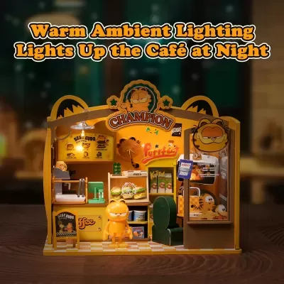 Miniatura de café Garfield com luz ambiente e detalhes amarelos.