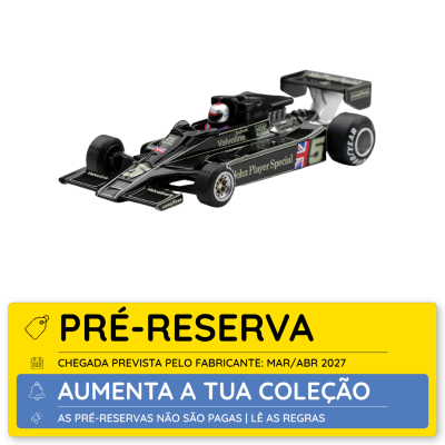 Miniatura de carro de Fórmula 1 preto e dourado com texto John Player Special