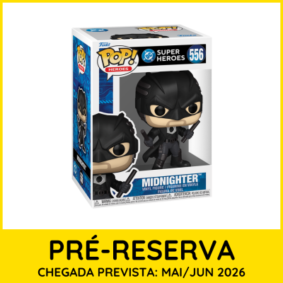 Funko Pop Midnighter DC Super Heroes número 556 em caixa com fundo amarelo e texto de pré-reserva