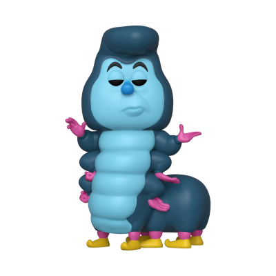 Figura colecionável de lagarta azul com pernas rosa e sapatos amarelos