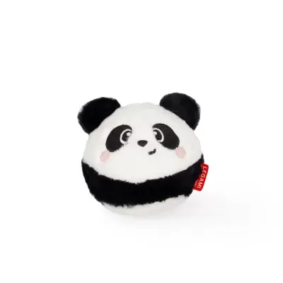 Pelucha redonda em forma de panda com cores preta e branca e etiqueta LEGAMI