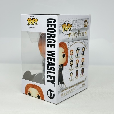 Funko Pop de George Weasley em embalagem branca com janela transparente e texto
