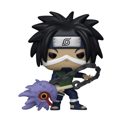 Figura Funko Pop personagem de anime com cabelo preto, faixa prateada, máscara branca e roupa azul e verde