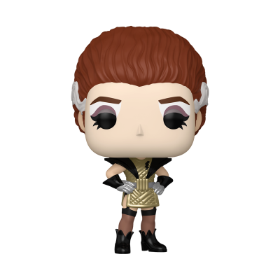 Boneco Funko Pop com cabelo castanho e roupa dourada e preta