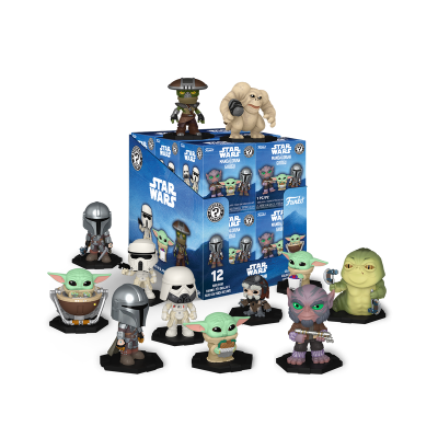 Figuras Funko Pop Star Wars Mandalorian com caixa azul e personagens variados em vinil