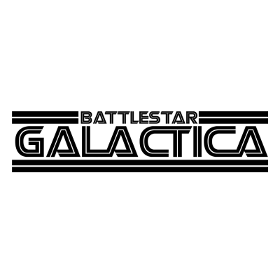 Logótipo com texto BATTLESTAR GALACTICA em preto e branco