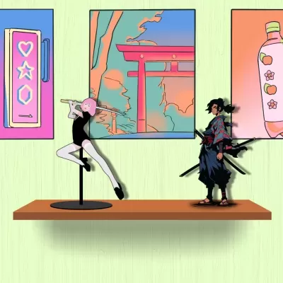Bonecos estilo anime sobre prateleira com fundos de quadros coloridos na parede
