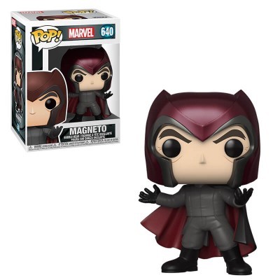 Figura Funko Pop! de Magneto com capa vermelha e capacete, ao lado da caixa original.