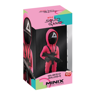 Figura colecionável Masked Soldier de Squid Game em embalagem rosa e detalhes azuis e verdes
