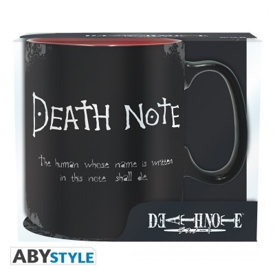 Caneca preta Death Note com texto branco e interior vermelho em embalagem preta.