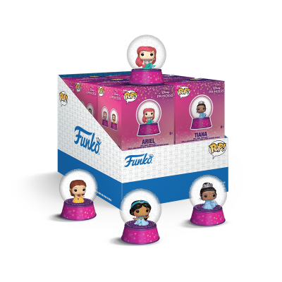 Mini-cúpulas Funko Pop das princesas Disney Ariel, Tiana e Jasmine em caixa e base roxa com brilhos